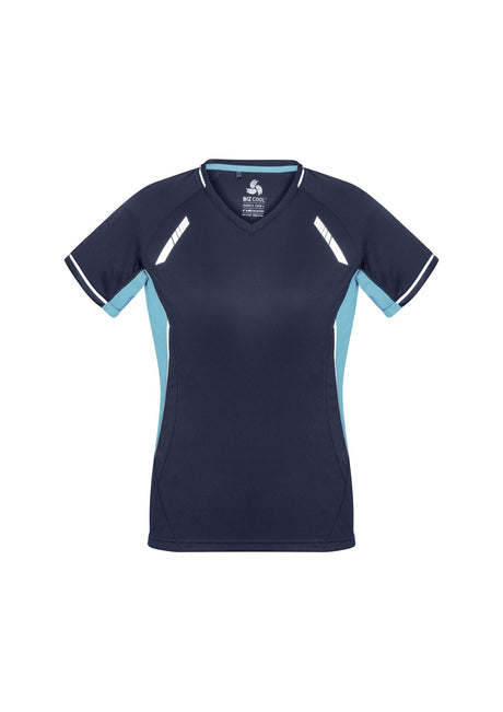 Ladies Renegade Tee in Navy/Sky/Silver, size 12, featuring mesh panels, reflective trims, and a flattering V-neck for active wear.