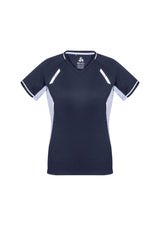 Ladies Renegade Tee in Navy/White/Silver, size 24, featuring breathable fabric, reflective trims, and stylish V-neck design.