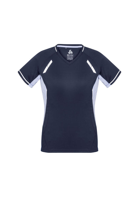 Ladies Renegade Tee in Navy, White, and Silver, Size 20, featuring reflective trims and mesh ventilation for activewear.