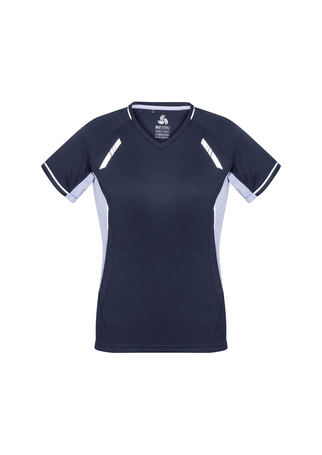 Ladies Renegade Tee in Navy, White, and Silver, Size 20, featuring reflective trims and mesh ventilation for activewear.