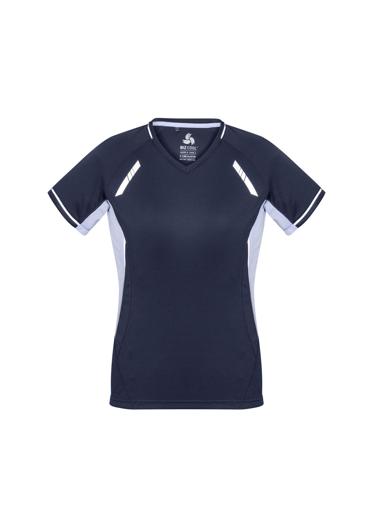 Navy/White/Silver Ladies Renegade Tee in size 22, featuring breathable fabric, UPF protection, and reflective trims for visibility.