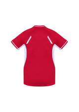 Ladies Renegade Tee in red/white/silver, size 8, showcasing breathability, moisture-wicking, and a flattering design.