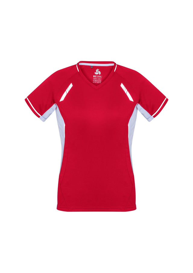 Ladies Renegade Tee in Red/White/Silver, size 24, featuring breathable fabric, reflective trims, and stylish V-neck design.