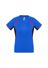 Ladies Renegade Tee in Royal/Navy/Fluoro Orange, size 12, featuring breathable mesh, V-neck, and reflective trims for active wear.