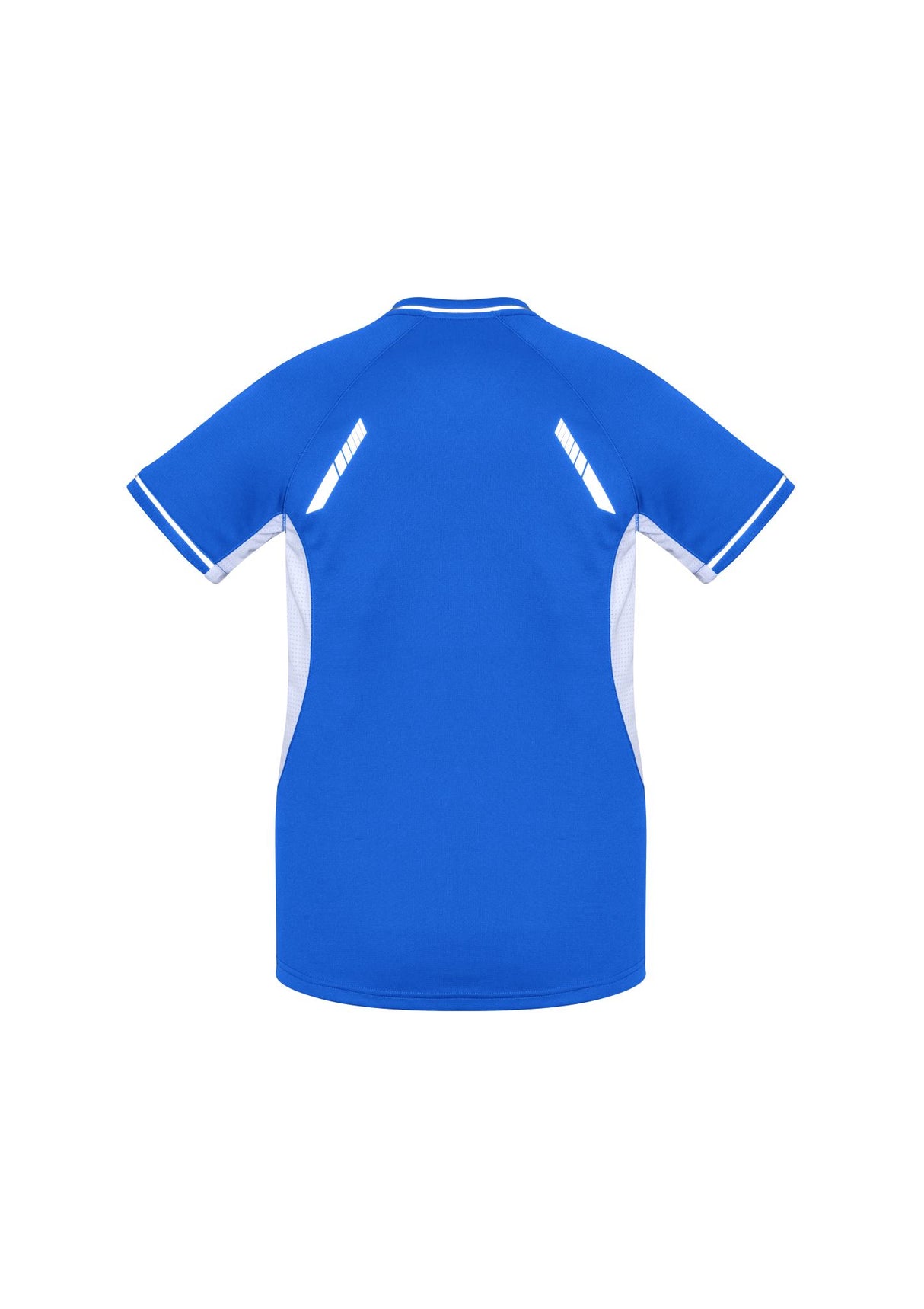 Vibrant Royal/White/Silver Ladies Renegade Tee, size 24, featuring a V-neck, raglan sleeves, and breathable mesh panels.