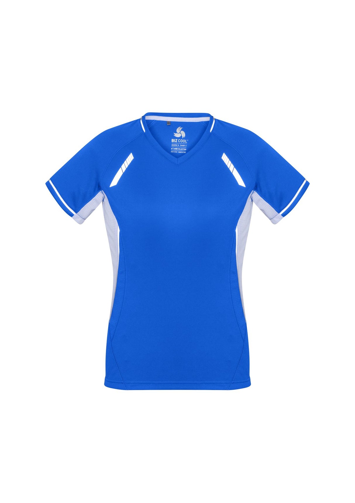 Ladies Renegade Tee in Royal/White/Silver, Size 24, featuring V-neck, raglan sleeves, and mesh panels for comfort and style.