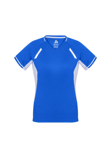 Ladies Renegade Tee in Royal/White/Silver, Size 24, featuring V-neck, raglan sleeves, and mesh panels for comfort and style.