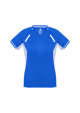 Ladies Renegade Tee in Royal/White/Silver, size 10, featuring a V-neck, mesh panels, and reflective trims for visibility.