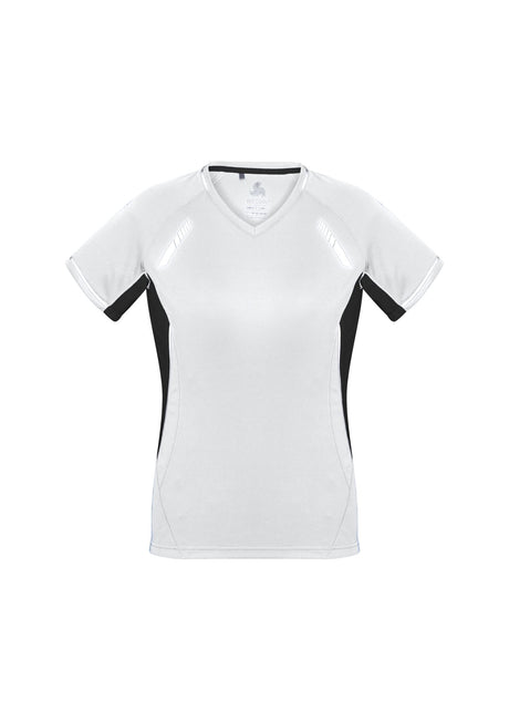 Ladies Renegade Tee in White/Black/Silver, size 8, featuring breathable fabric, mesh panels, and flattering V-neck design.