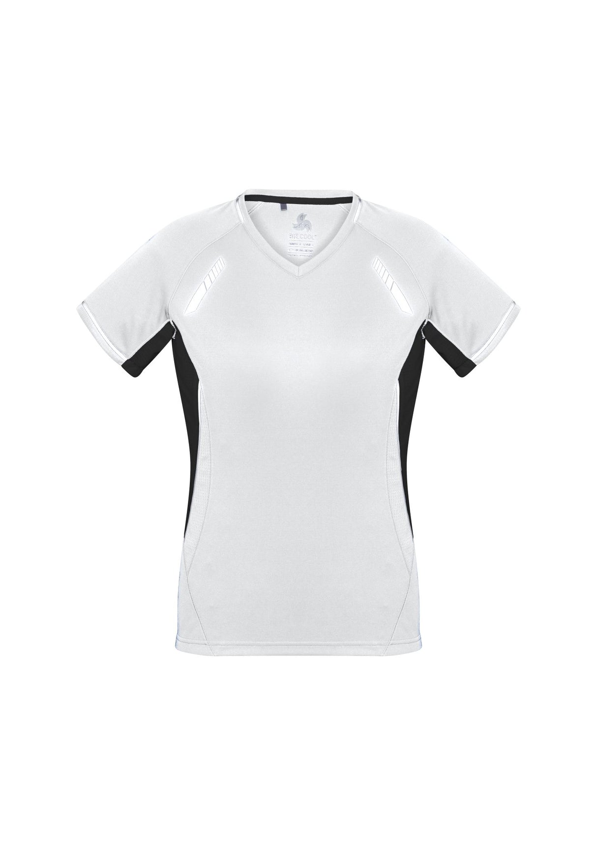 Ladies Renegade Tee in White/Black/Silver, size 16, featuring reflective trims, V-neck, and mesh panels for ventilation.