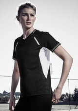 Ladies Renegade Tee in grey, black, and fluoro yellow, featuring breathable fabric, V-neck, and reflective trims for workouts.