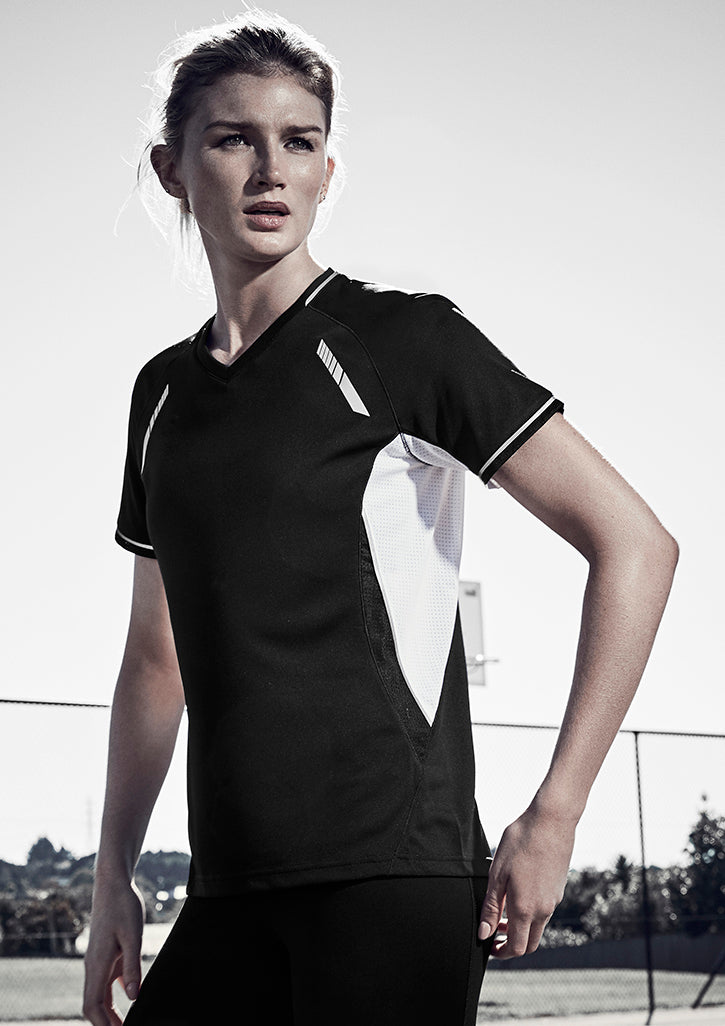 Ladies Renegade Tee in Grey, Black, and Fluoro Yellow, size 8, featuring breathable fabric and reflective trims for visibility.