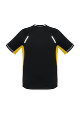 Kids Renegade Tee in Black/Gold/Silver, Size 10, featuring breathable fabric, UPF protection, and stylish reflective trims.