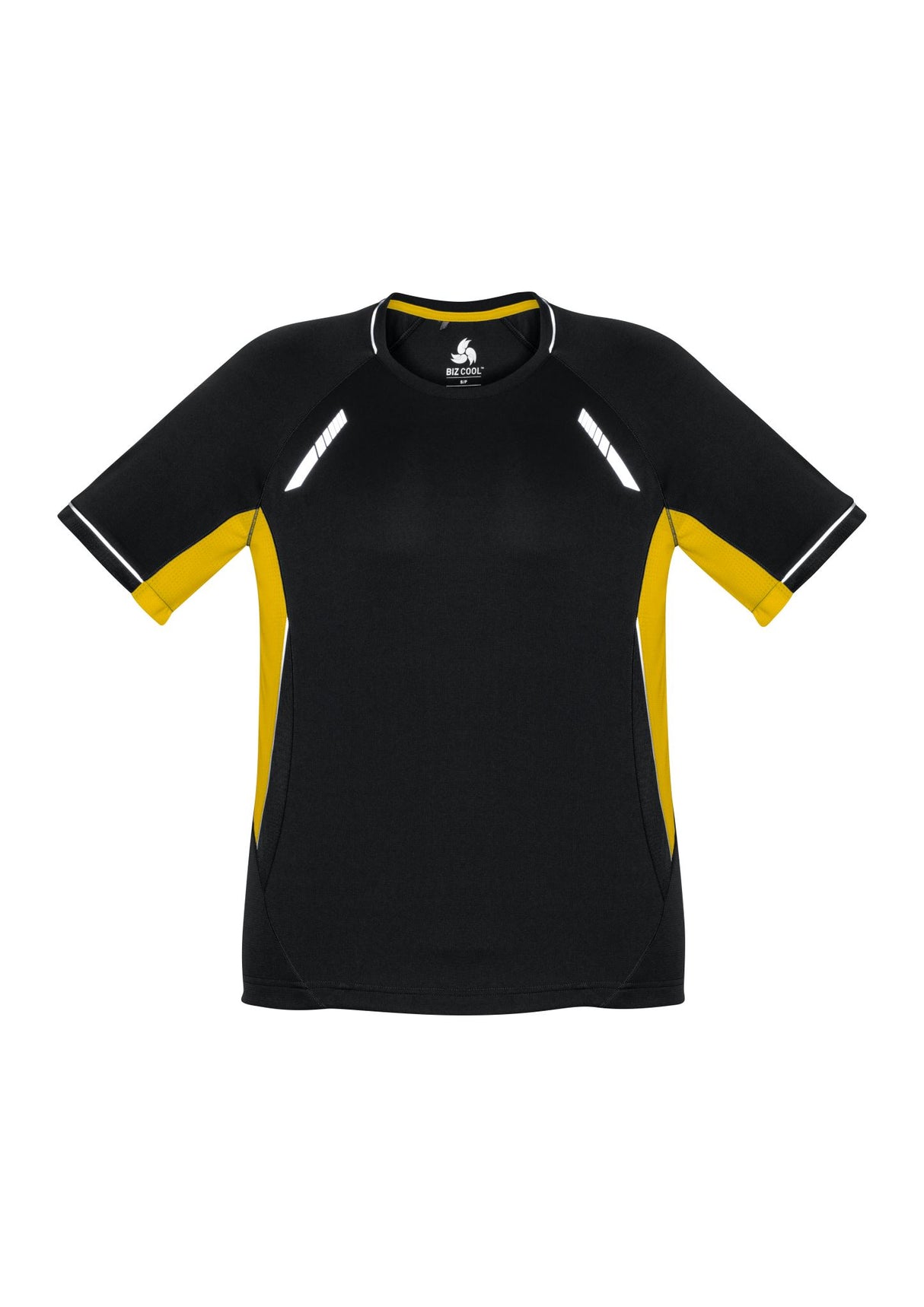 Kids Renegade Tee in Black, Gold, and Silver size 12, featuring lightweight fabric, mesh panels, and reflective trims for visibility.