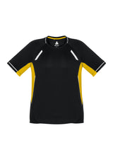 Kids Renegade Tee in Black, Gold, and Silver size 12, featuring lightweight fabric, mesh panels, and reflective trims for visibility.