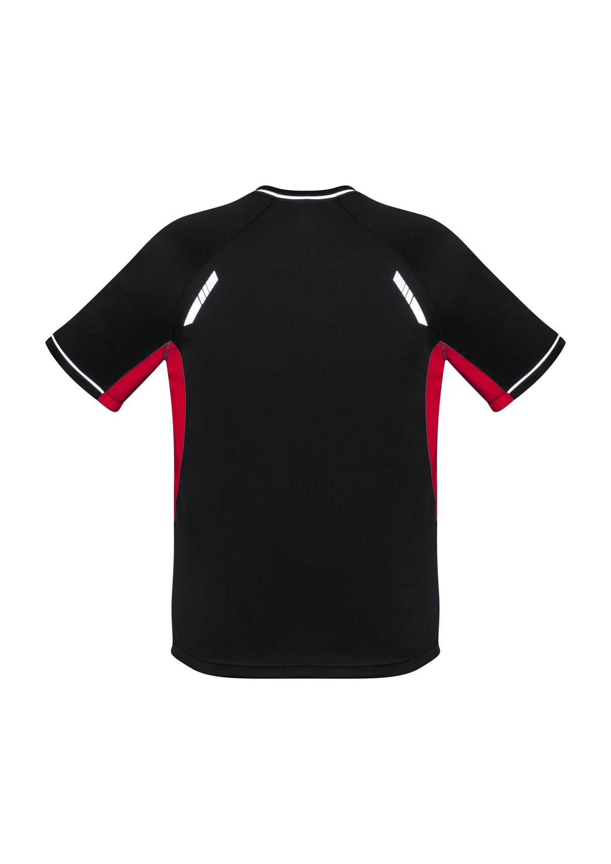 Kids Renegade Tee in Black/Red/Silver, featuring breathable fabric, reflective trims, and mesh panels for comfort and visibility.