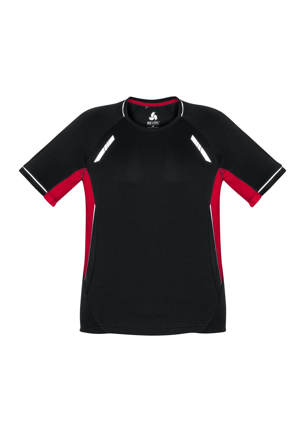 Black, red, and silver Kids Renegade Tee for active play, featuring breathable fabric, reflective trims, and mesh panels for ventilation.