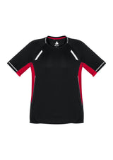Black, red, and silver Kids Renegade Tee for active play, featuring breathable fabric, reflective trims, and mesh panels for ventilation.