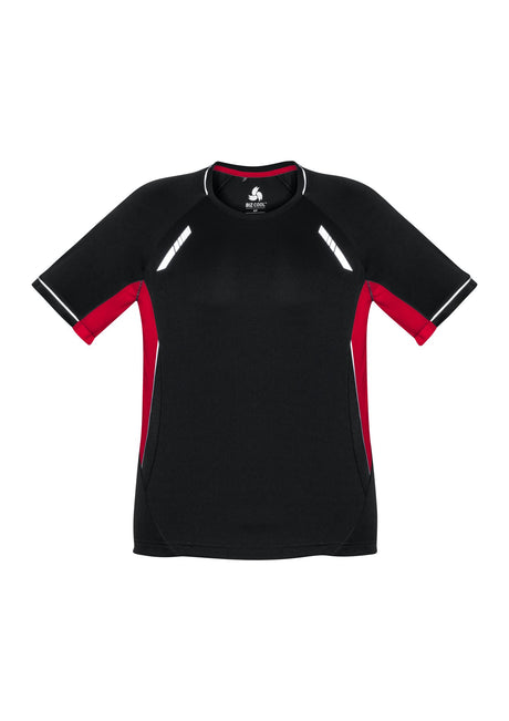 Black, red, and silver Kids Renegade Tee for active play, featuring breathable fabric, reflective trims, and mesh panels for ventilation.