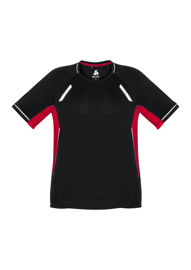 Black, red, and silver Kids Renegade Tee for active play, featuring breathable fabric, reflective trims, and mesh panels for ventilation.