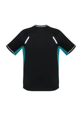 Kids Renegade Tee in Black, Teal, and Silver, size 8, featuring breathable fabric, reflective trims, and mesh panels for comfort.