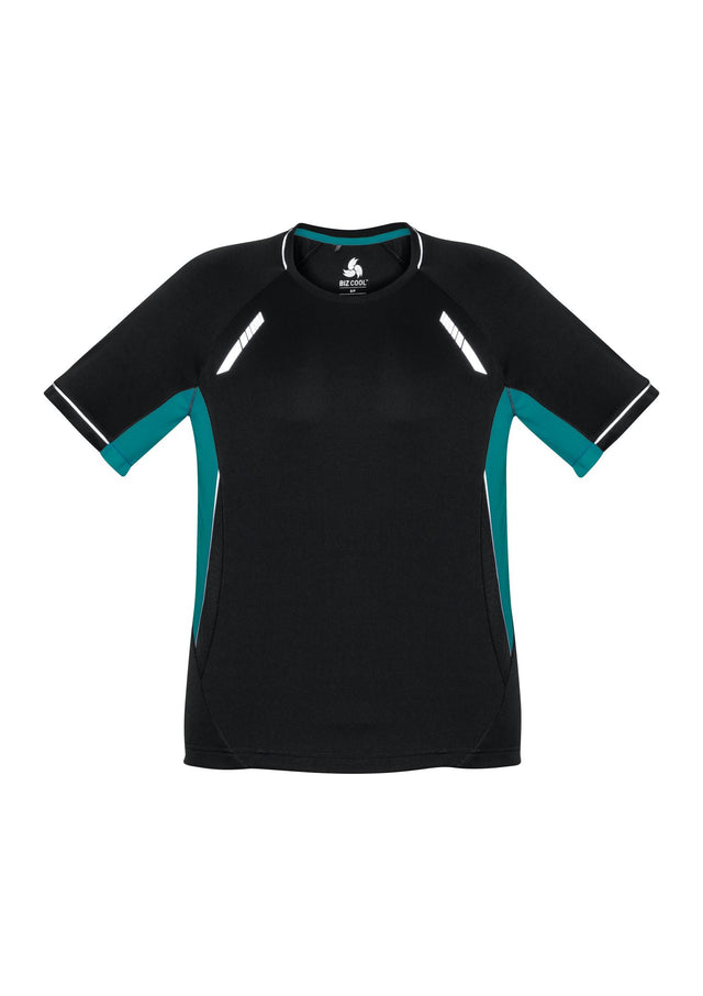 Kids Renegade Tee in Black, Teal, and Silver, size 8, featuring breathable fabric, UPF protection, and reflective trims.