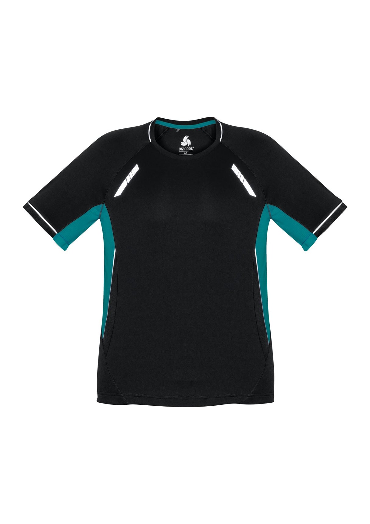 Kids Renegade Tee in black, teal, and silver, size 12, featuring breathable fabric, reflective trims, and a dynamic design.