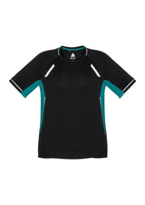 Kids Renegade Tee in black, teal, and silver, size 12, featuring breathable fabric, reflective trims, and a dynamic design.