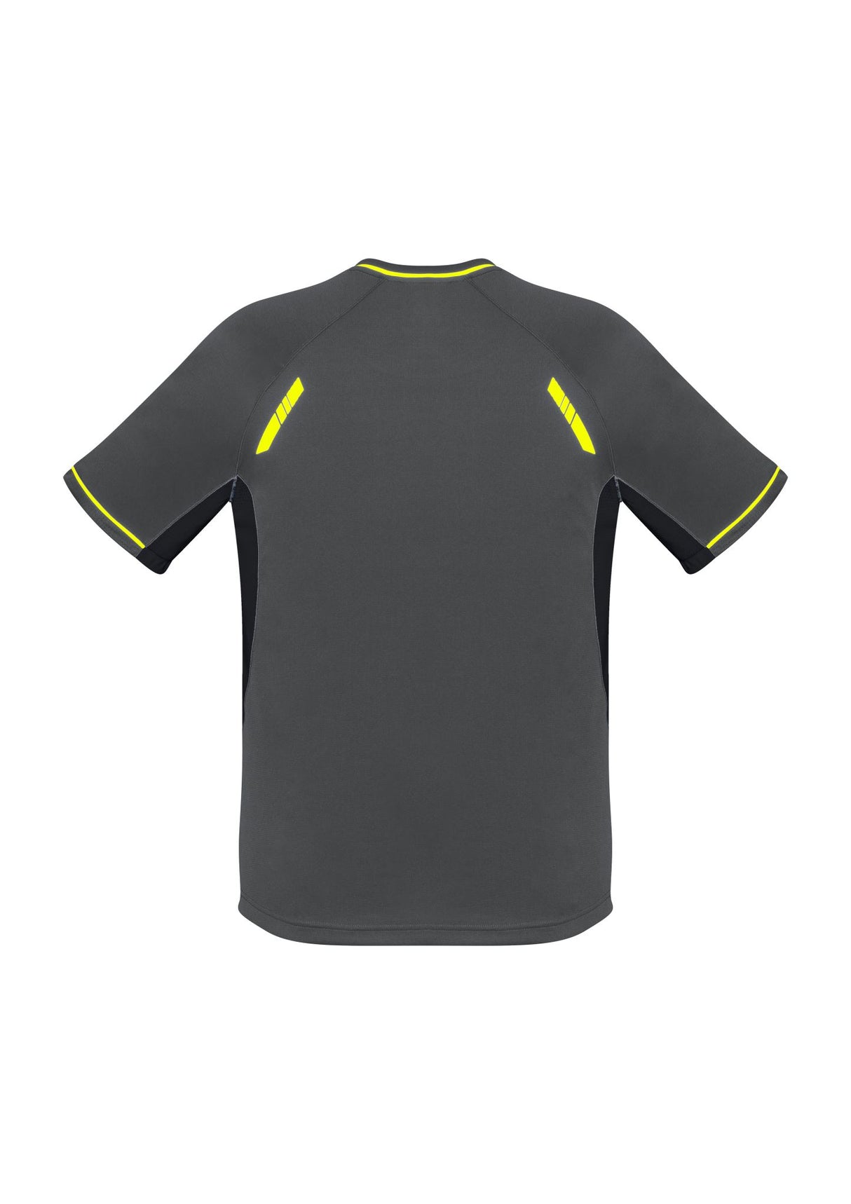 Kids Renegade Tee in grey, black, and fluoro yellow, featuring breathable fabric, reflective trims, and raglan sleeves for comfort.