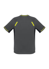 Kids Renegade Tee in grey, black, and fluoro yellow, featuring breathable fabric, reflective trims, and raglan sleeves for comfort.