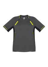 Kids Renegade Tee in grey, black, and fluoro yellow, featuring breathable fabric, reflective trims, and comfortable fit for active play.