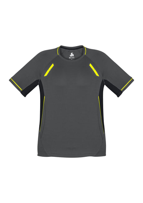 Kids Renegade Tee in grey, black, and fluoro yellow, featuring breathable fabric, reflective trims, and comfortable fit for active play.