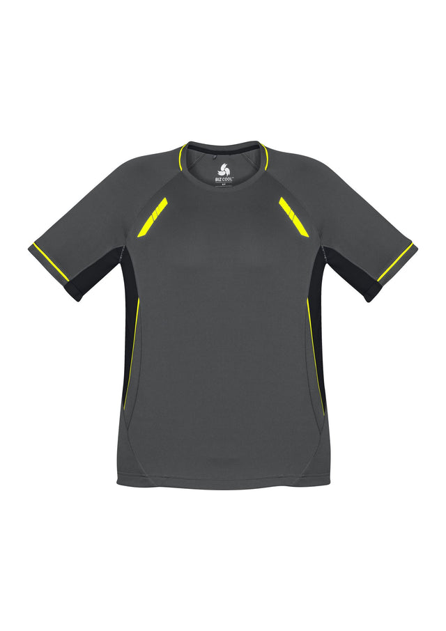 Kids Renegade Tee in grey, black, and fluoro yellow, featuring breathable fabric, reflective trims, and comfortable fit for active play.