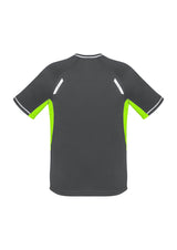 Kids Renegade Tee in Grey/Fluoro Lime/Silver, Size 8, featuring breathable mesh panels and reflective trims for visibility.