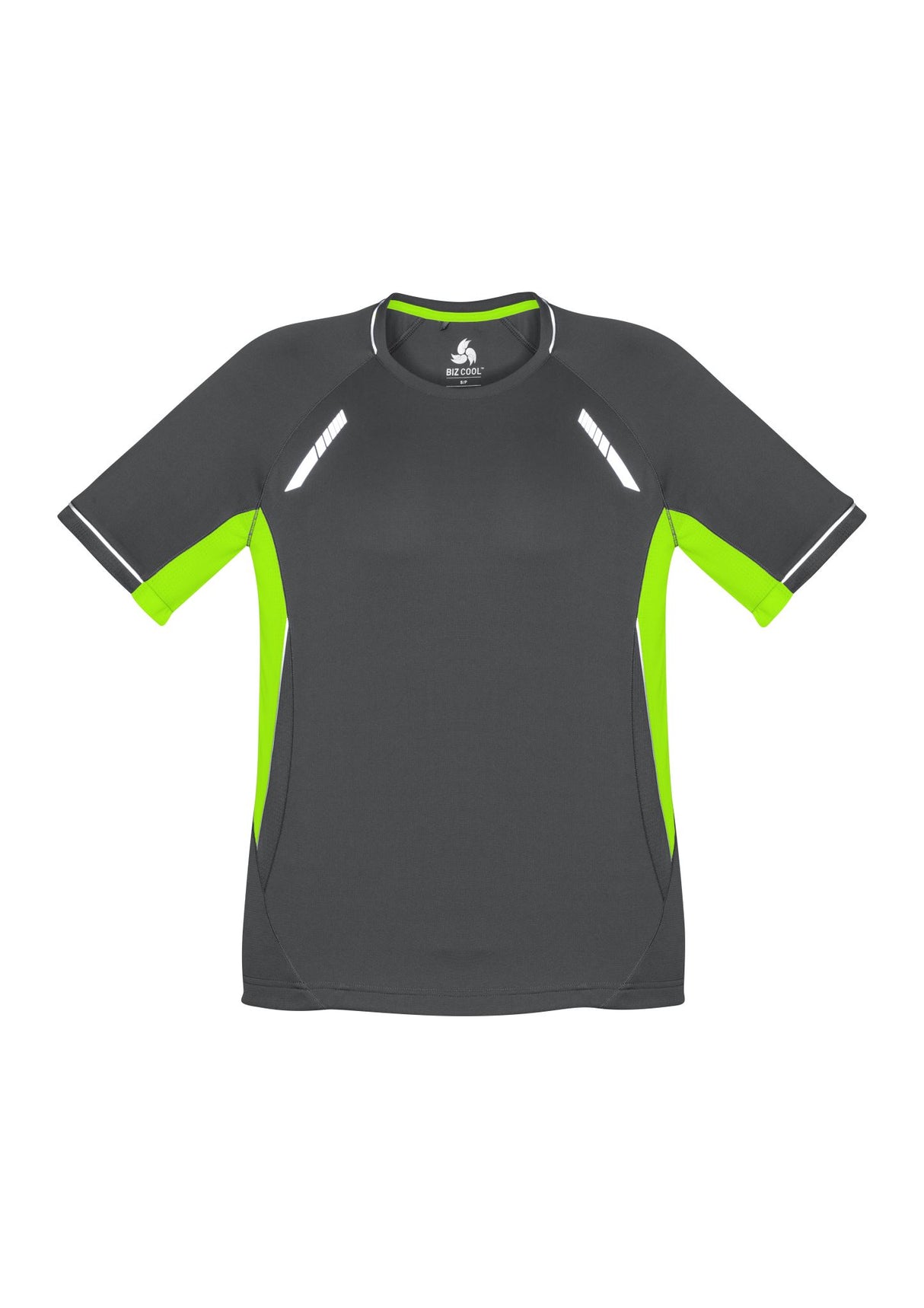 Kids Renegade Tee in Grey/Fluoro Lime/Silver, size 4, featuring breathable fabric, UV protection, and stylish reflective trims.