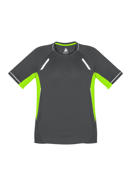 Kids Renegade Tee in Grey/Fluoro Lime/Silver, size 4, featuring breathable fabric, UV protection, and stylish reflective trims.