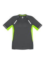 Kids Renegade Tee in grey with fluoro lime and silver accents, featuring breathable fabric and reflective trims for active play.