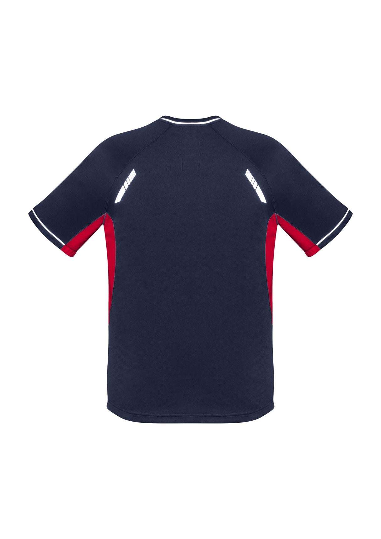 Kids Renegade Tee in navy, red, and silver featuring reflective trims, lightweight fabric, and mesh panels for ventilation.