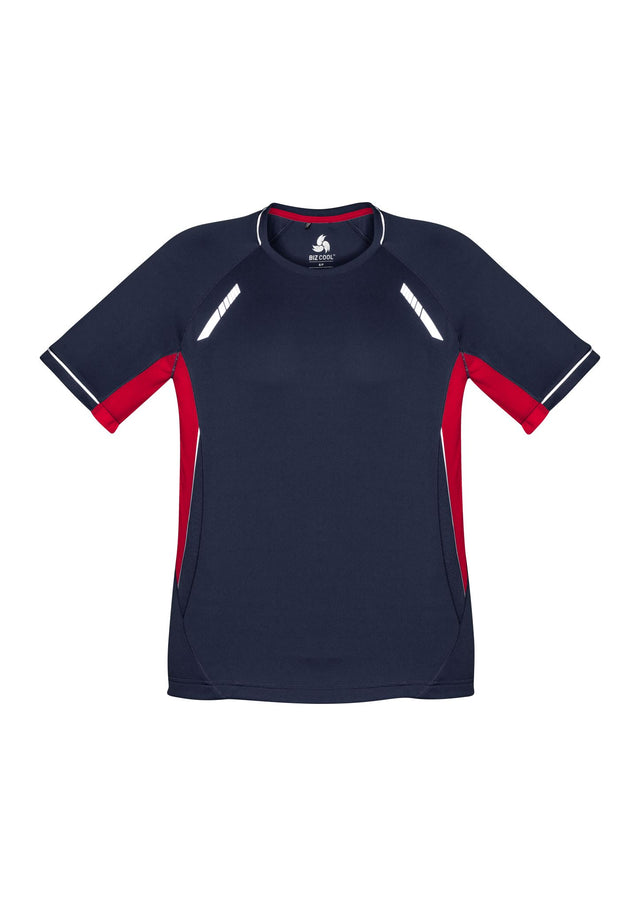 Kids Renegade Tee in navy, red, and silver, featuring breathable fabric, reflective trims, and a comfortable fit for active play.