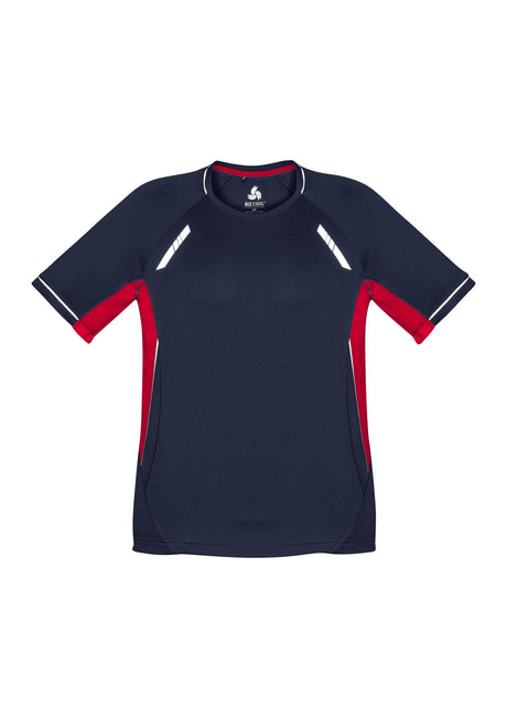 Kids Renegade Tee in Navy/Red/Silver, size 10, featuring breathable fabric, UPF protection, and reflective trims for visibility.