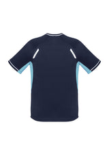 Kids Renegade Tee in Navy, Sky, and Silver with reflective trims, mesh panels, and comfortable fit for active play. Size 6.