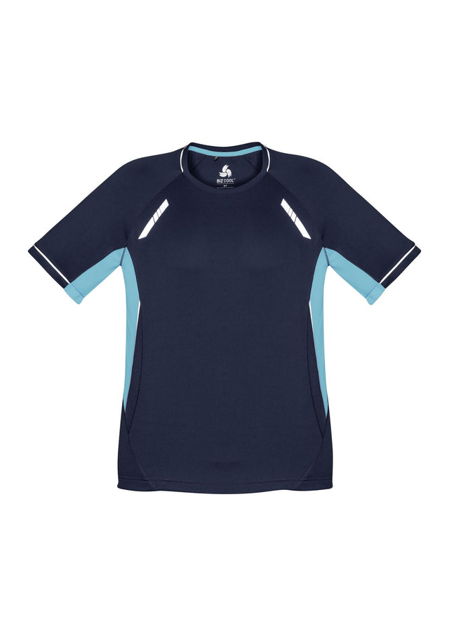 Kids Renegade Tee in Navy/Sky/Silver, Size 16, featuring breathable fabric, reflective trims, and a stylish design for active play.