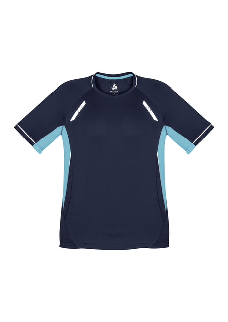 Kids Renegade Tee in Navy, Sky, and Silver, featuring breathable fabric, UPF protection, and reflective trims for visibility.