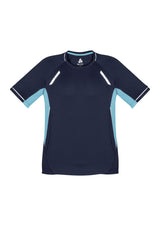 Kids Renegade Tee in Navy/Sky/Silver, size 4, features breathable mesh, UPF protection, and reflective trims for active play.