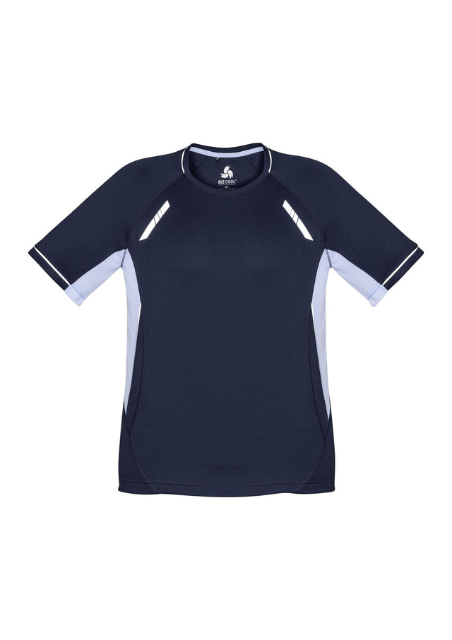 Kids Renegade Tee in Navy/White/Silver, size 10, features lightweight fabric, UPF sun protection, and mesh panels for ventilation.