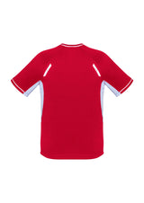 Bright red Kids Renegade Tee with white and silver accents, size 6, featuring breathable fabric and reflective trims for visibility.