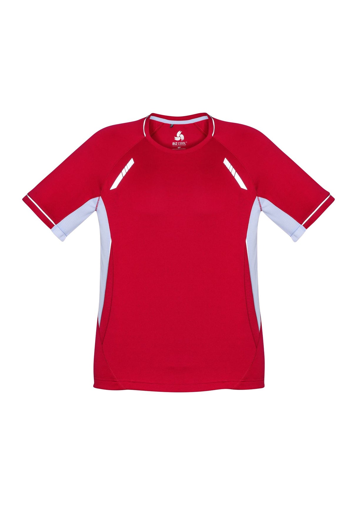 Red, white, and silver Kids Renegade Tee in size 6, featuring breathable fabric, UPF protection, and stylish reflective trims.