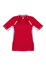Red, white, and silver Kids Renegade Tee in size 6, featuring breathable fabric, UPF protection, and stylish reflective trims.