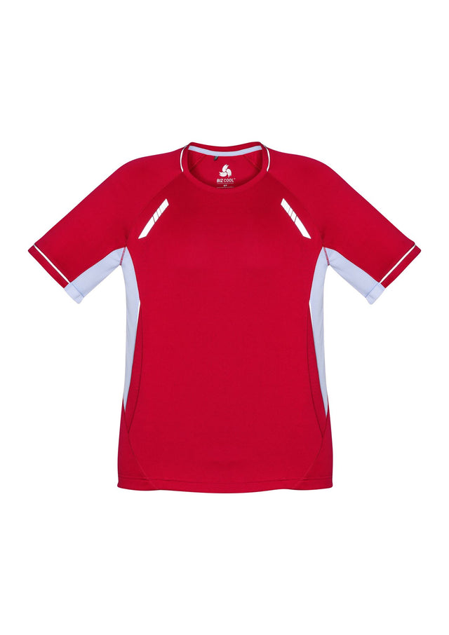 Red, white, and silver Kids Renegade Tee in size 6, featuring breathable fabric, UPF protection, and stylish reflective trims.