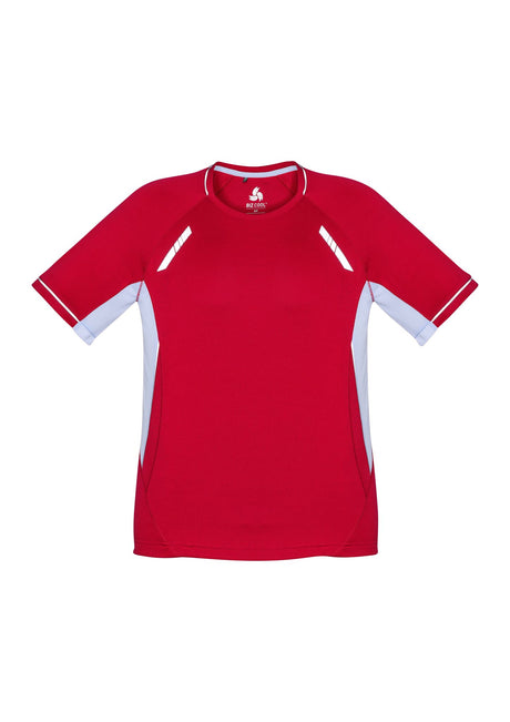 Bright red Kids Renegade Tee with silver trims and mesh panels for ventilation, perfect for sports and outdoor activities.